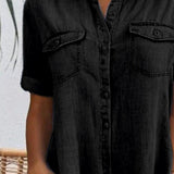 Sveta Kurzärmeliges Denim-Kleid mit Knopfleiste