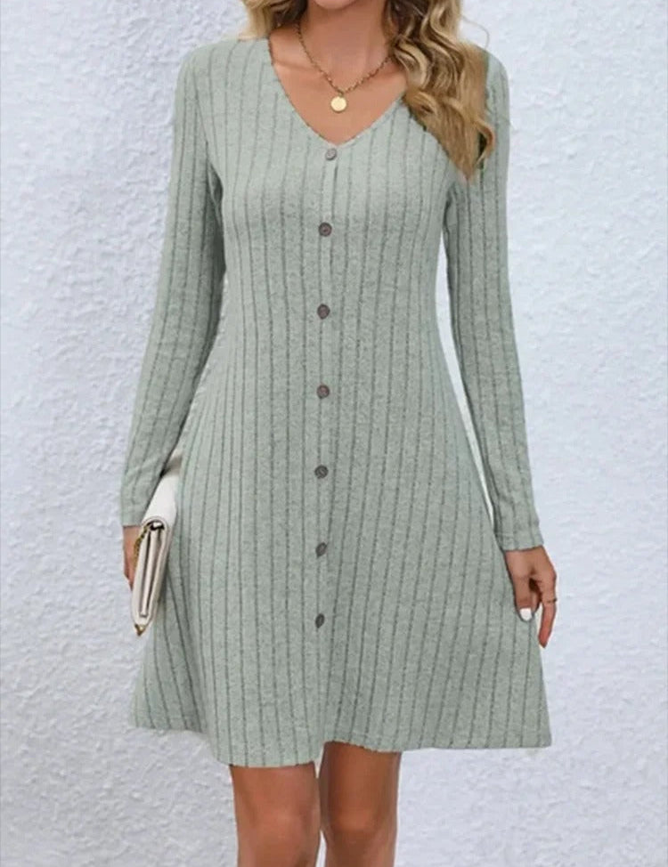 V-Ausschnitt Knopfleiste Kleid