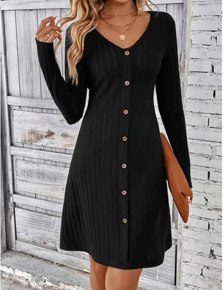 V-Ausschnitt Knopfleiste Kleid