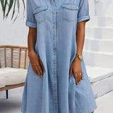Sveta Kurzärmeliges Denim-Kleid mit Knopfleiste