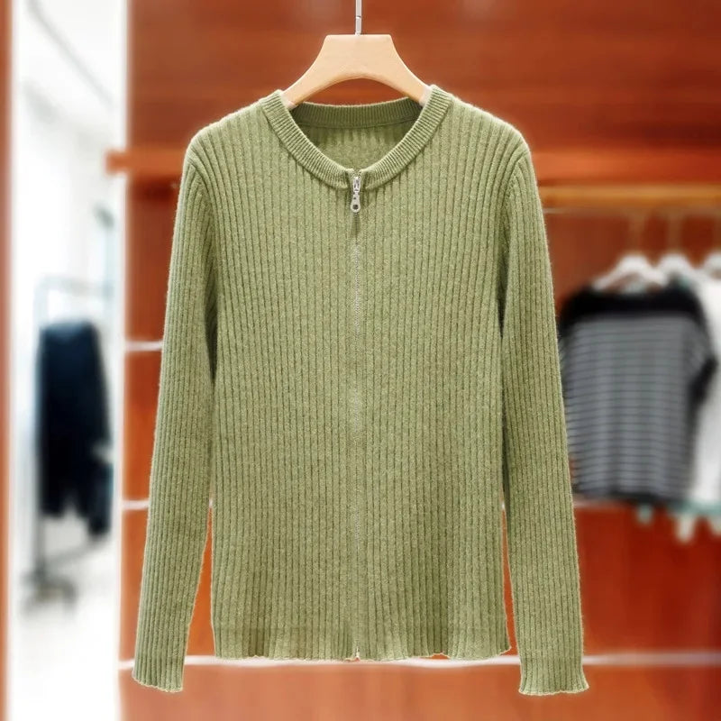 Damen Wollstrickjacke Rundhals, Doppelreißverschluss & Polokragen