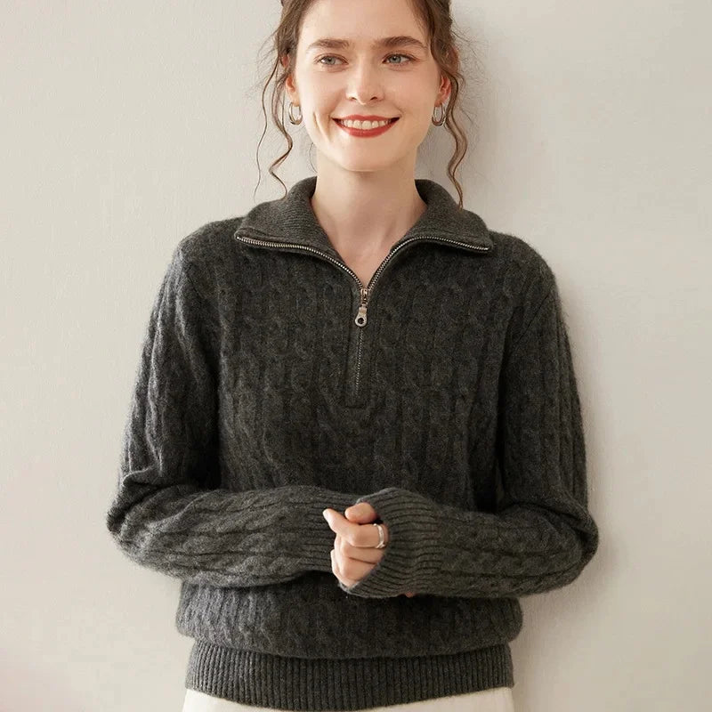 Damen Kaschmir Pullover mit Halbreissverschluss