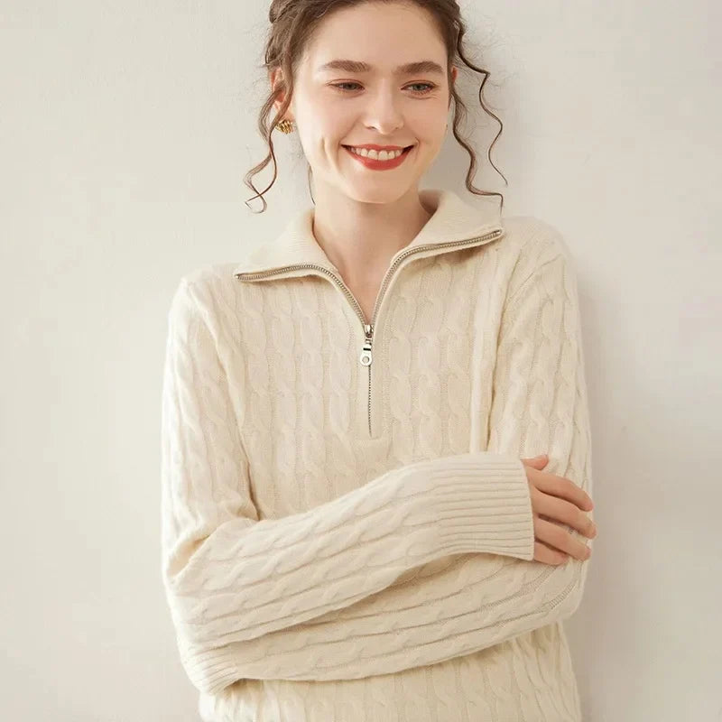 Damen Kaschmir Pullover mit Halbreissverschluss