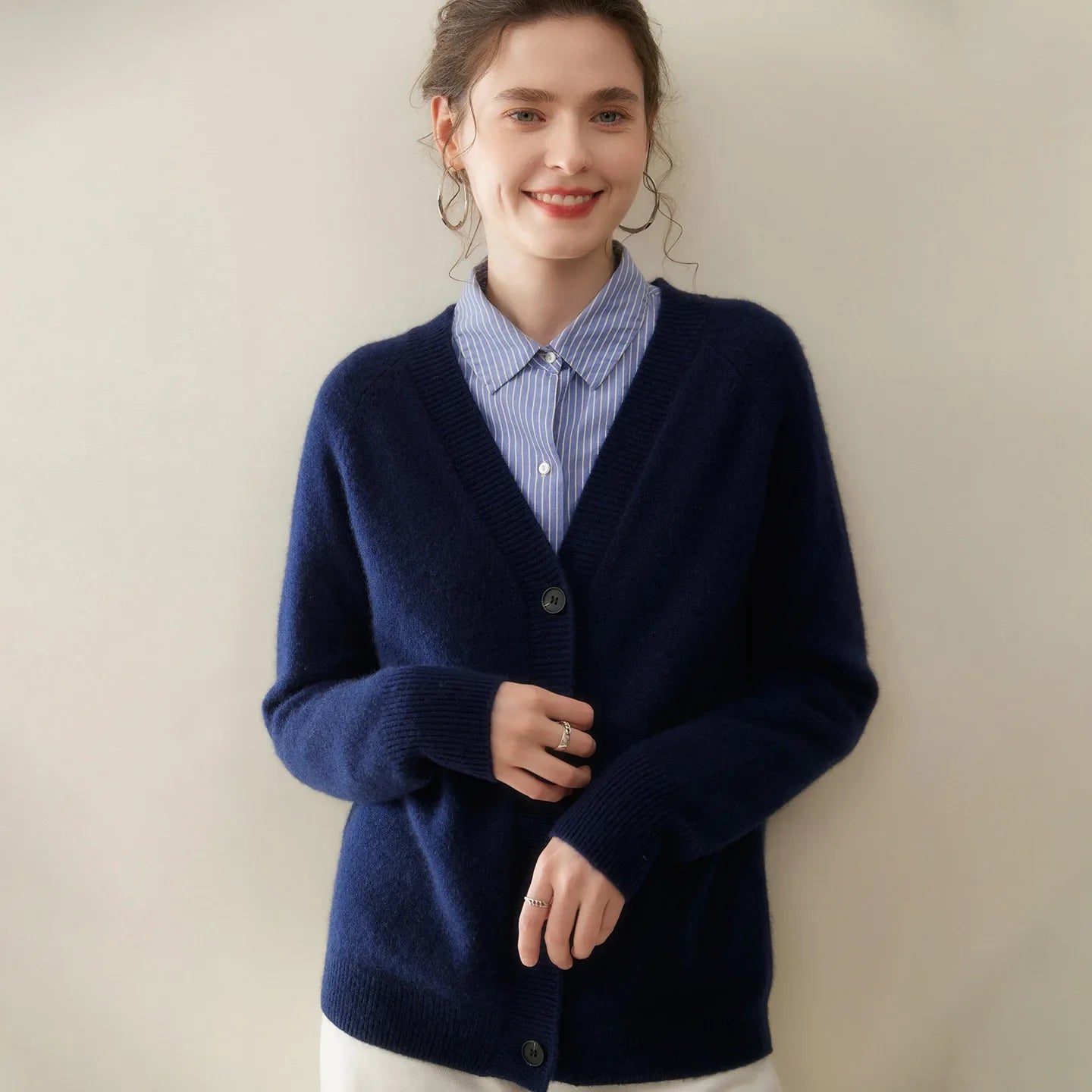 Damen Kaschmir-Strickjacke mit V-Ausschnitt