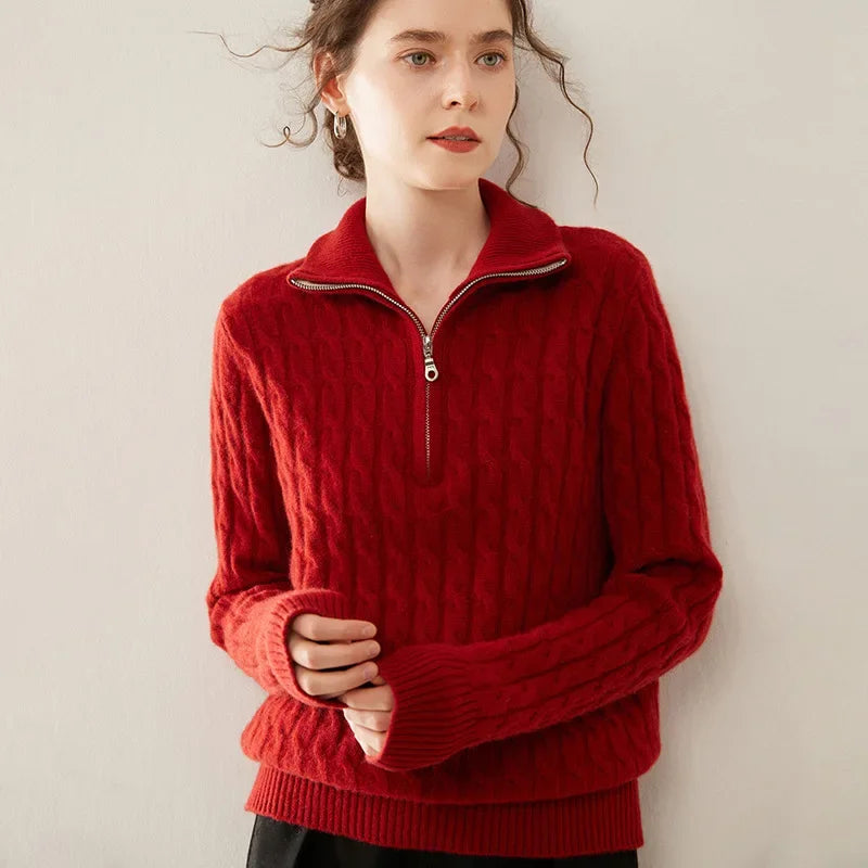 Damen Kaschmir Pullover mit Halbreissverschluss