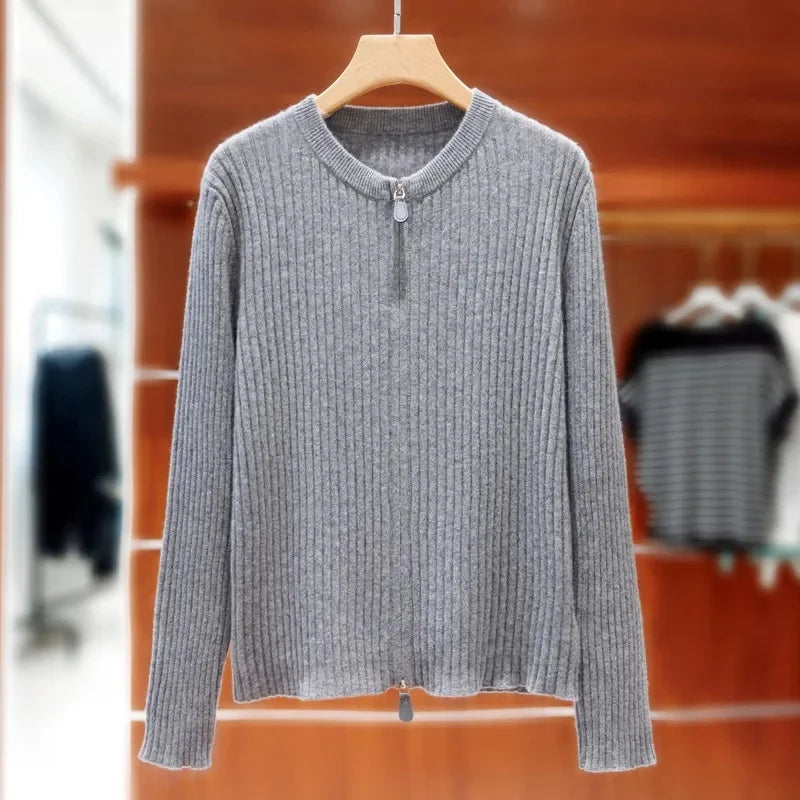 Damen Wollstrickjacke Rundhals, Doppelreißverschluss & Polokragen