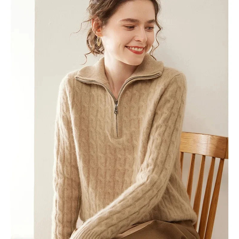 Damen Kaschmir Pullover mit Halbreissverschluss