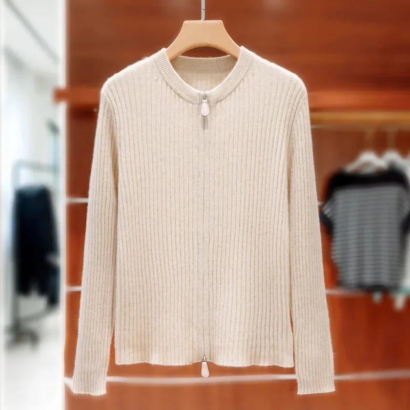 Damen Wollstrickjacke Rundhals, Doppelreißverschluss & Polokragen