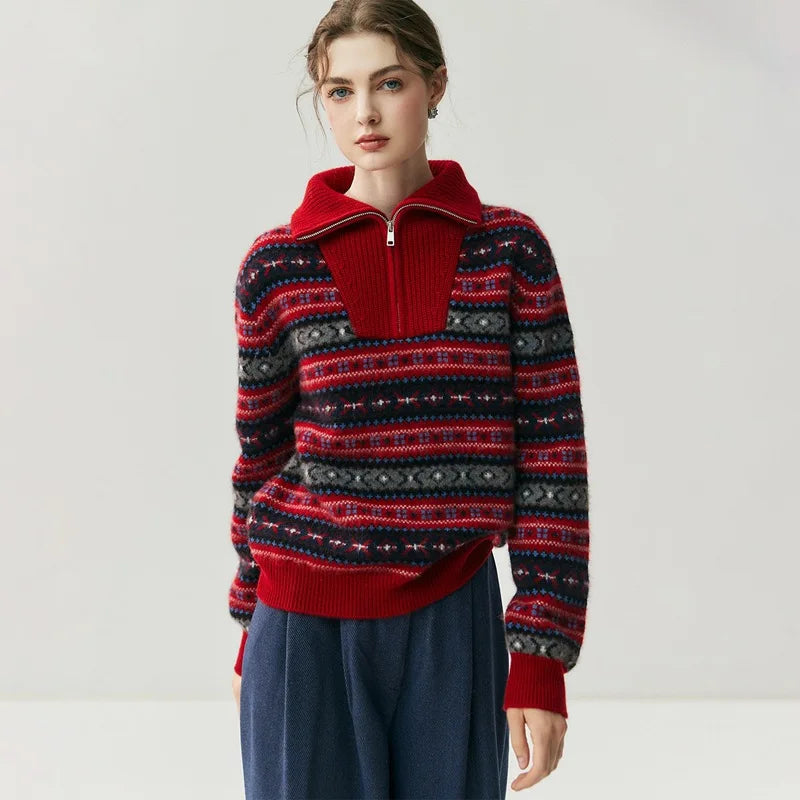 Damen Kaschmirpullover mit Halbreissverschluss