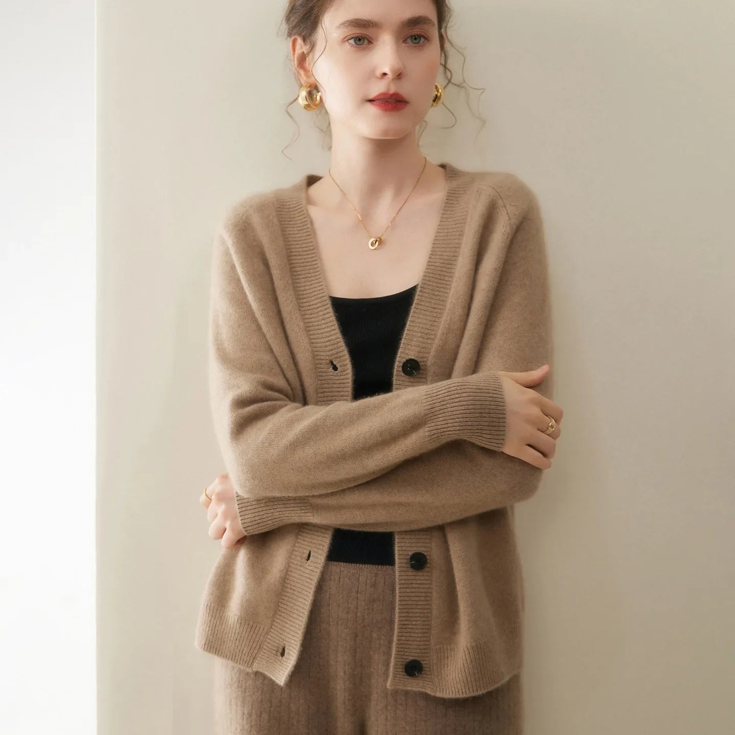 Damen Kaschmir-Strickjacke mit V-Ausschnitt