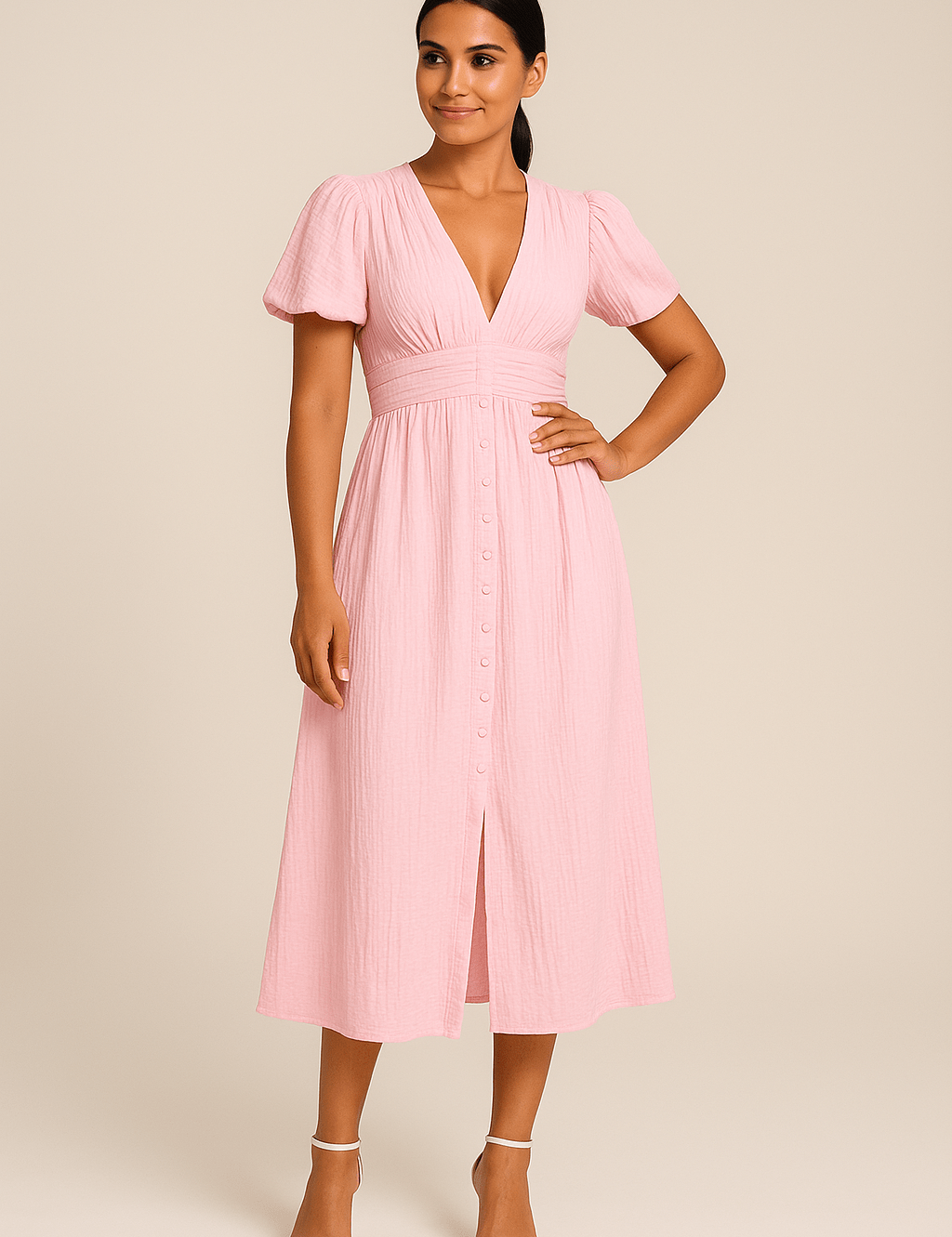 HERBERGER | Damen Maxikleid luftig-leicht mit Knopfleiste und Puffärmeln