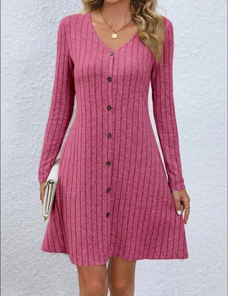 V-Ausschnitt Knopfleiste Kleid