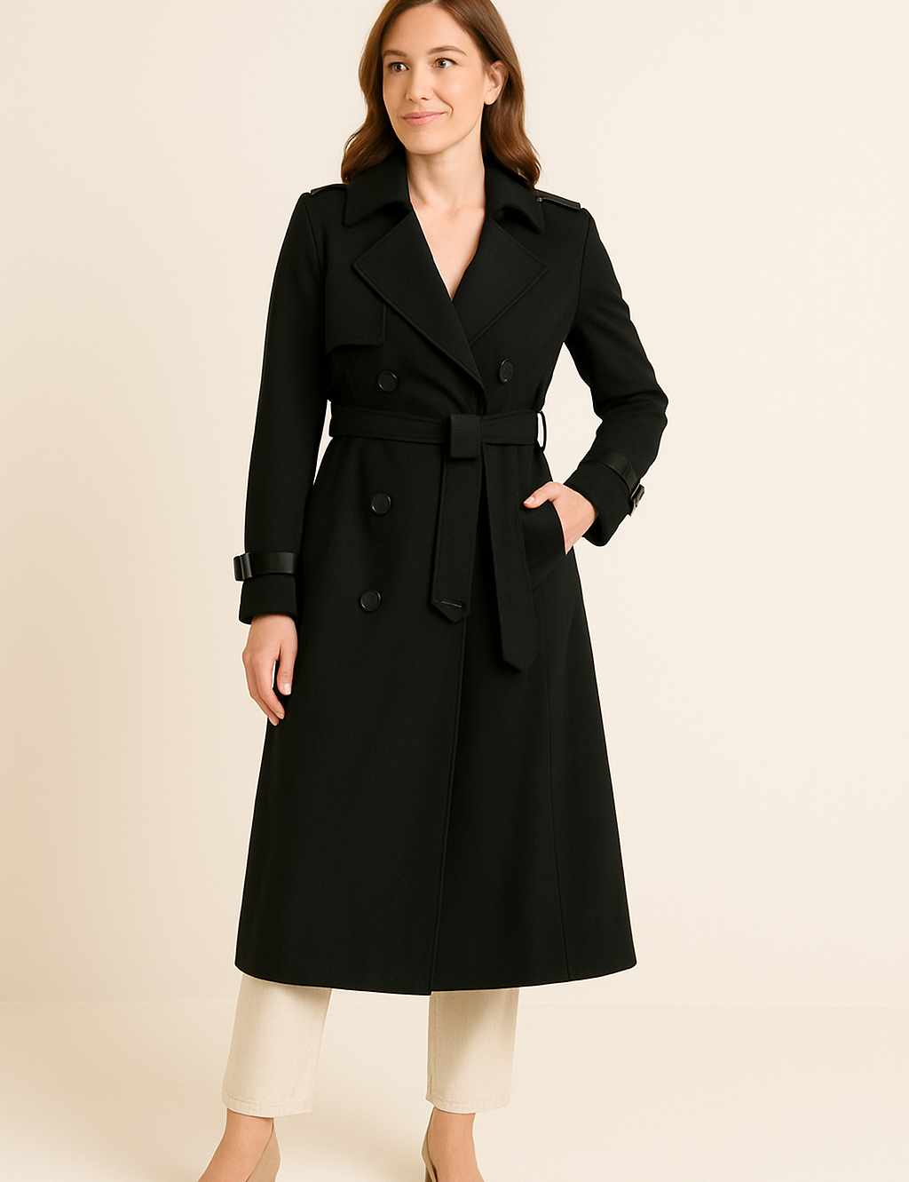 HERBERGER | Eleganter Damen Trenchcoat lang mit Bindegürtel und Knopfleiste